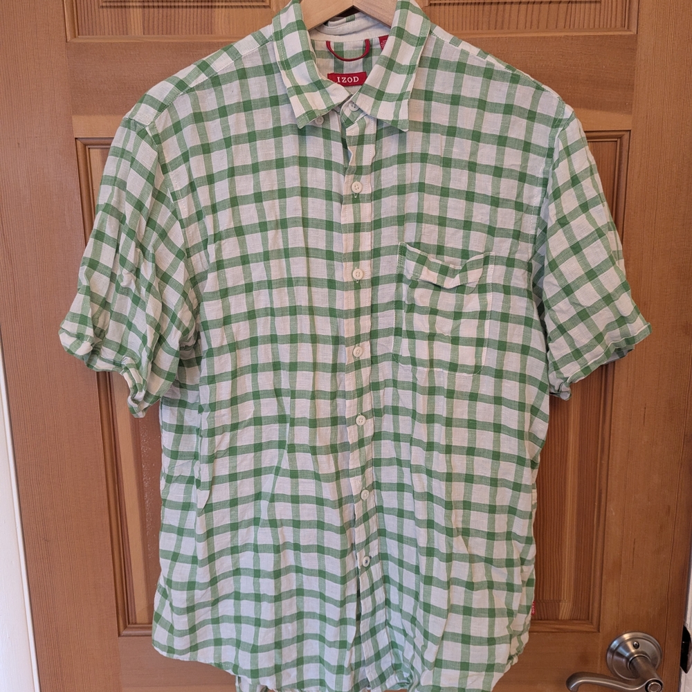 Vintage 90s Izod Gingham Green and White Plaid Shirt Medium